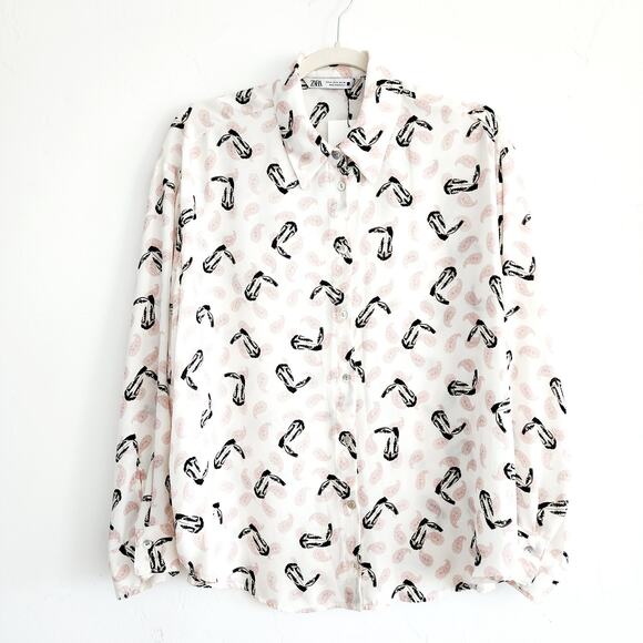 Zara Cream Beige & Pink Button Up Shirt Paisley & Boot Cowgirl Print Top Medium - Picture 1 of 7